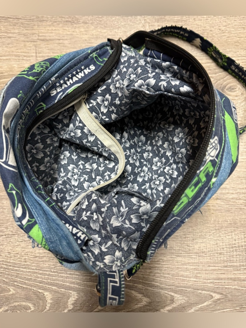 Seattle Seahawks Denim Crossbody Bag | Upcycled Purse NFL Fan Gear Artisan Tote - Picture 5 of 5